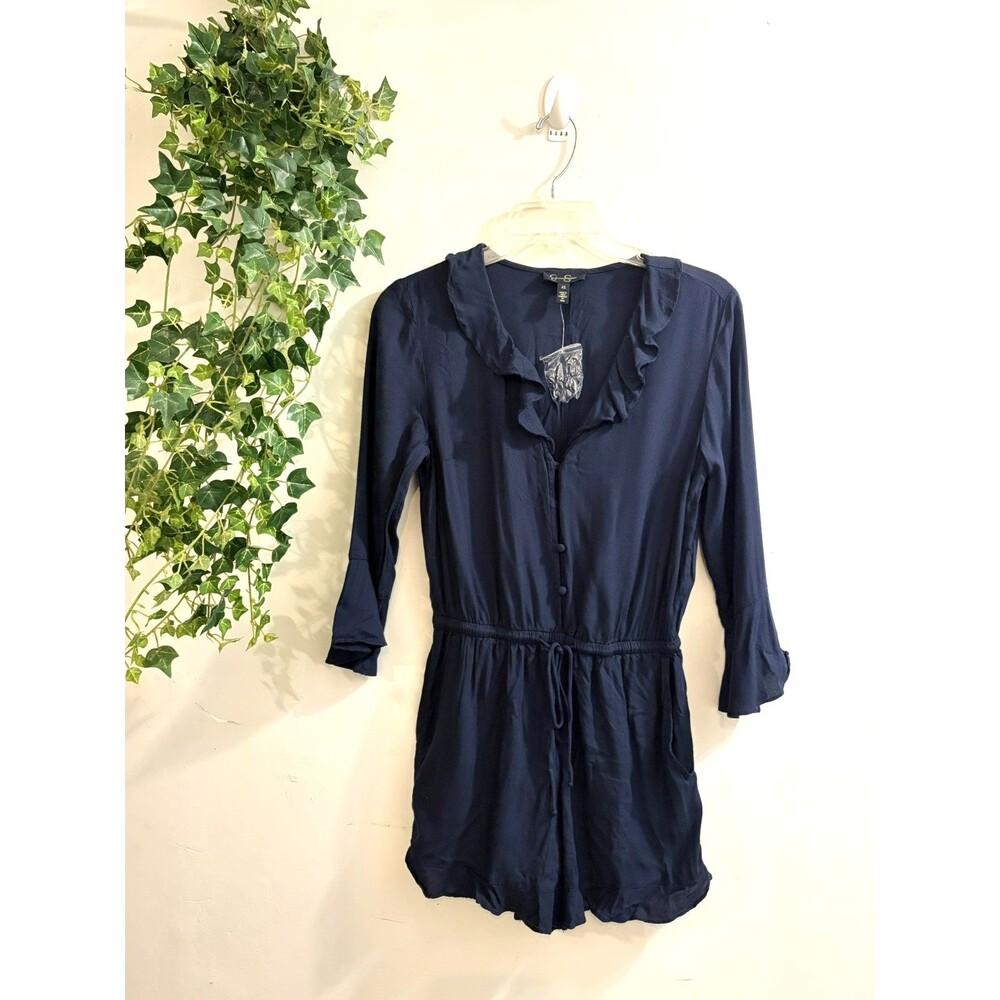 Jessica Simpson Boho Romper Size XS Gracen Navy Bell Sleeves Drawstring Rayon